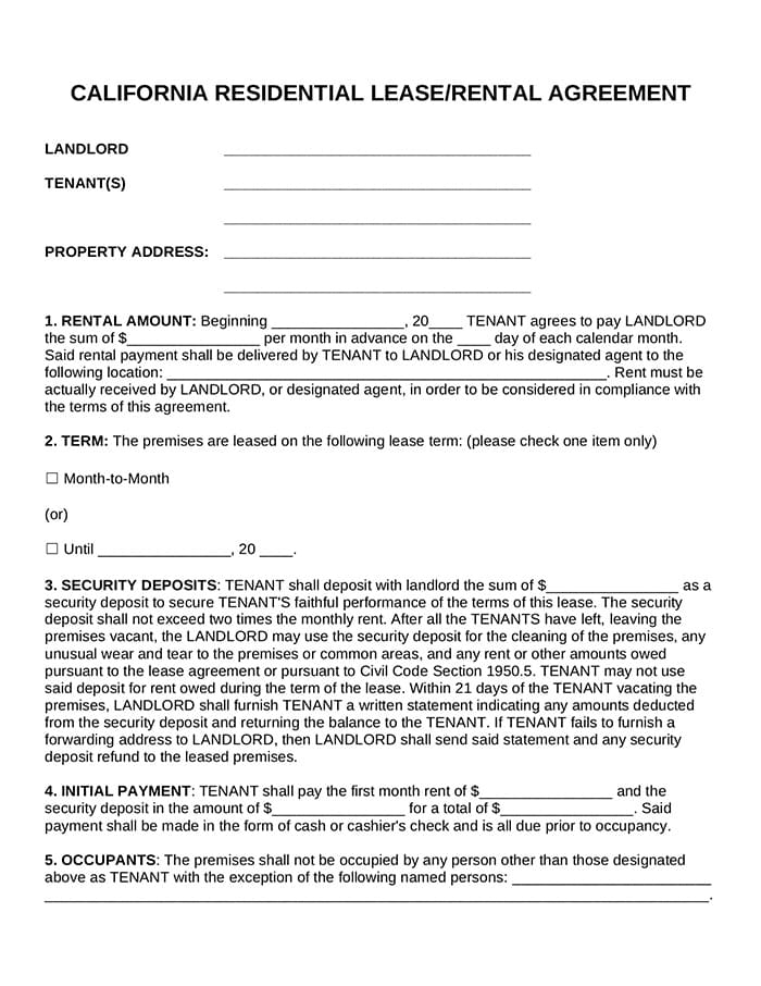 Printable Lease Agreement California Free Download And Print For You 