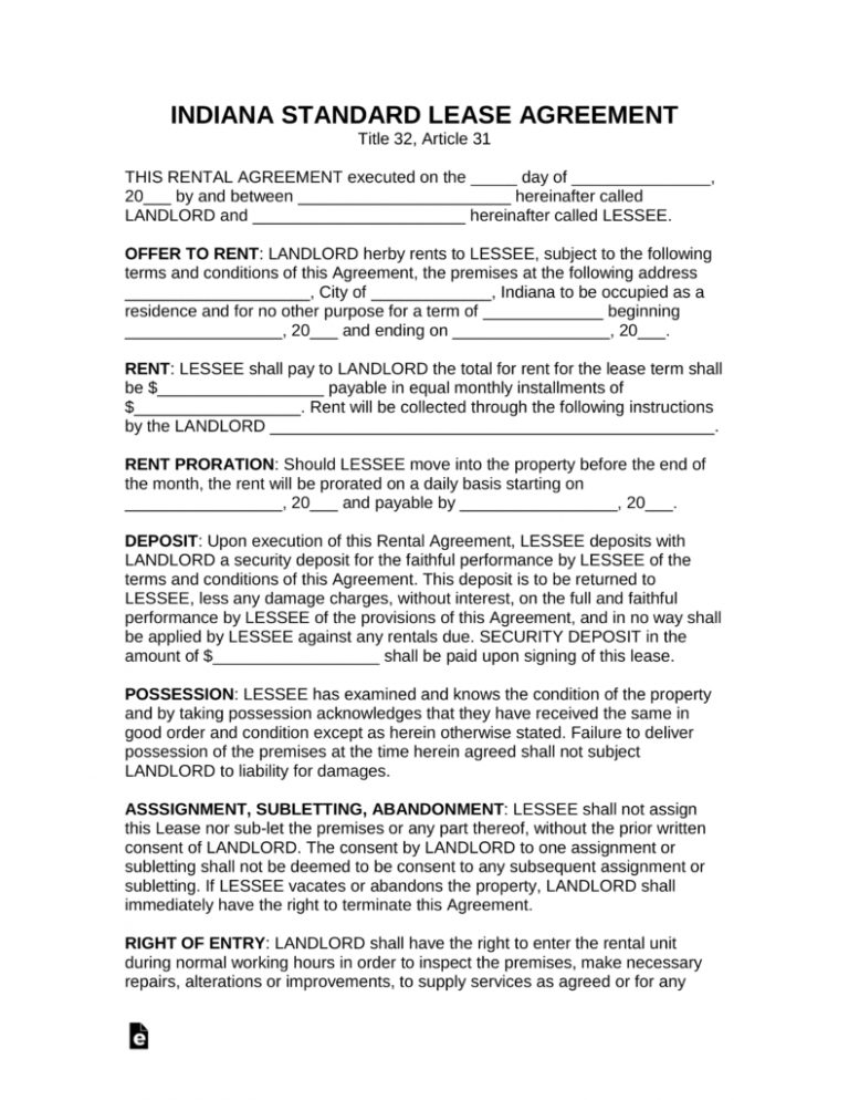 Printable Lease Agreement Free Printable Lease Agreement Indiana 