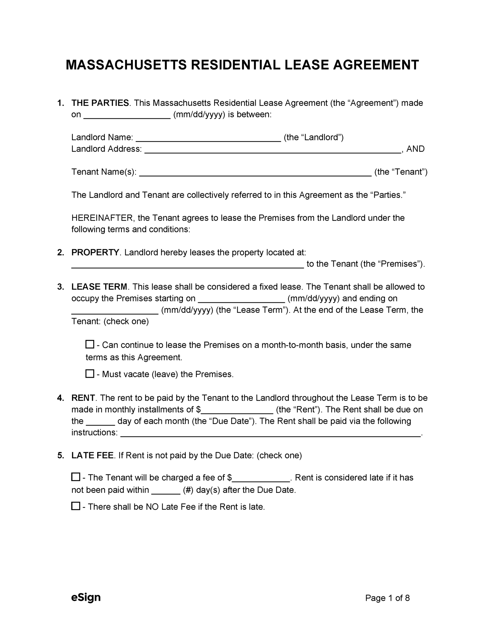 Printable Massachusetts Residential Lease Agreement Printable Lease 