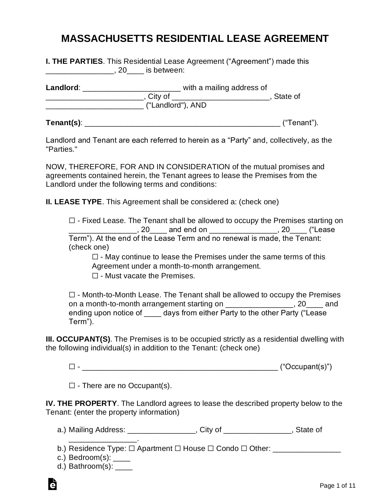 Printable Massachusetts Residential Lease Agreement Printable Lease 