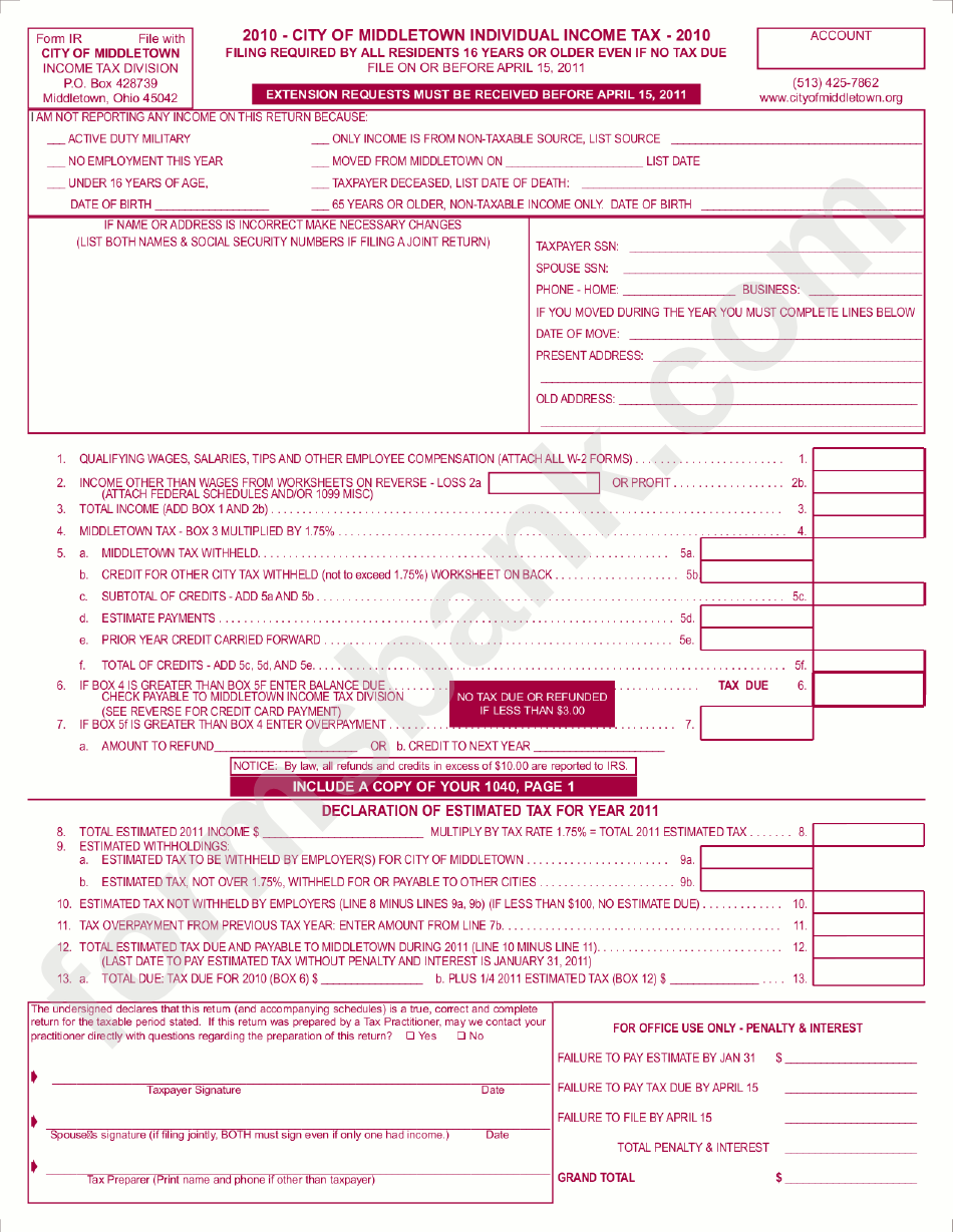 Printable Middletown City Income Tax Forms Printable Forms Free Online
