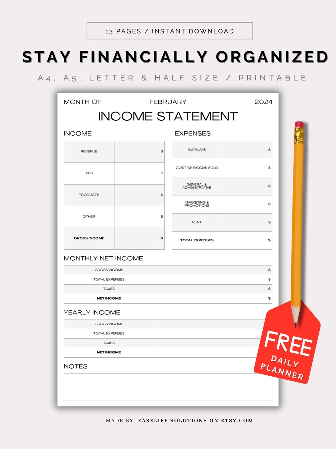 Printable Monthly Income Statement Tracker Income Expense Tracker 