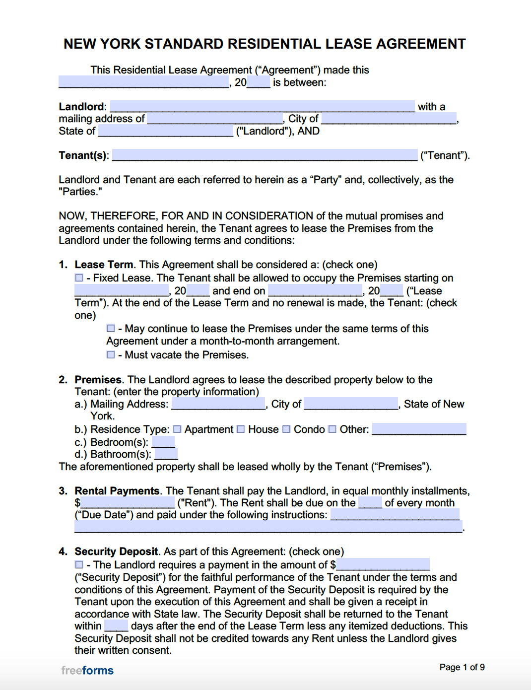 Printable New York City Residential Lease Agreement Form