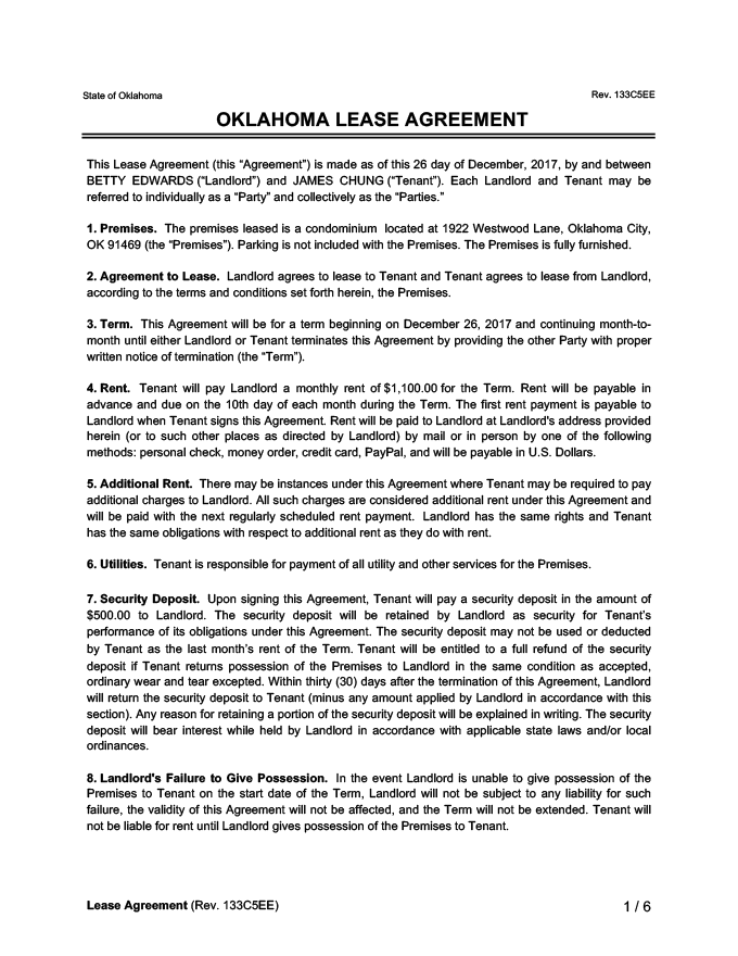 Printable Oklahoma Rental Agreement