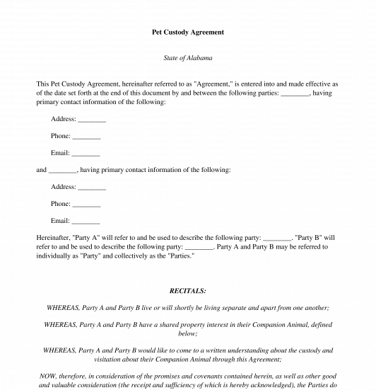 Printable Pet Custody Agreement