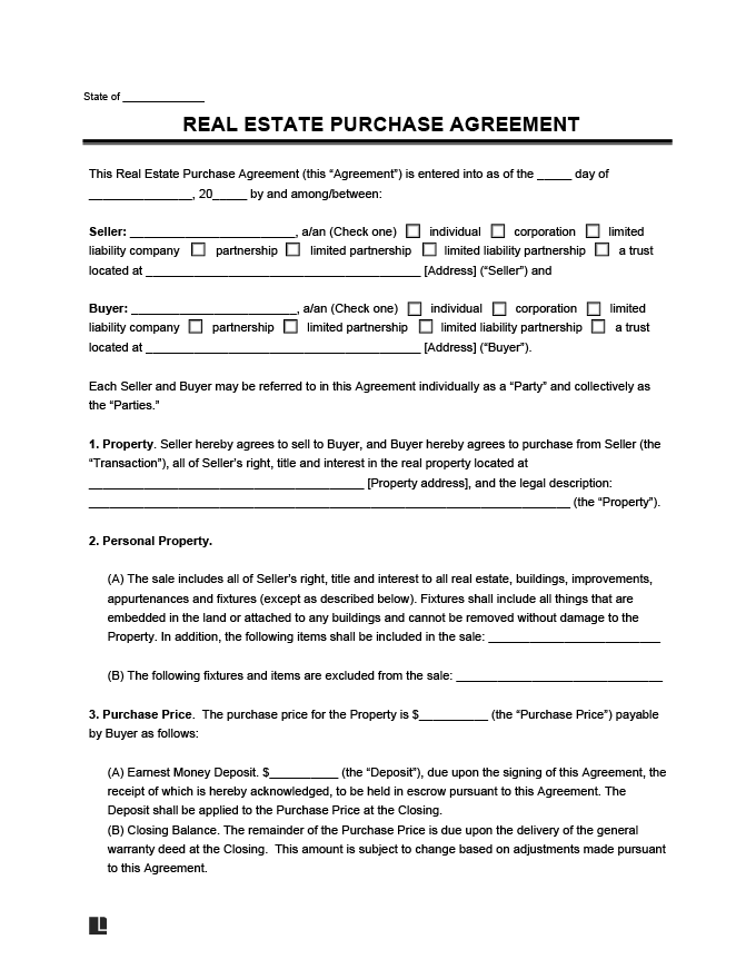 Printable Purchase Agreement For House