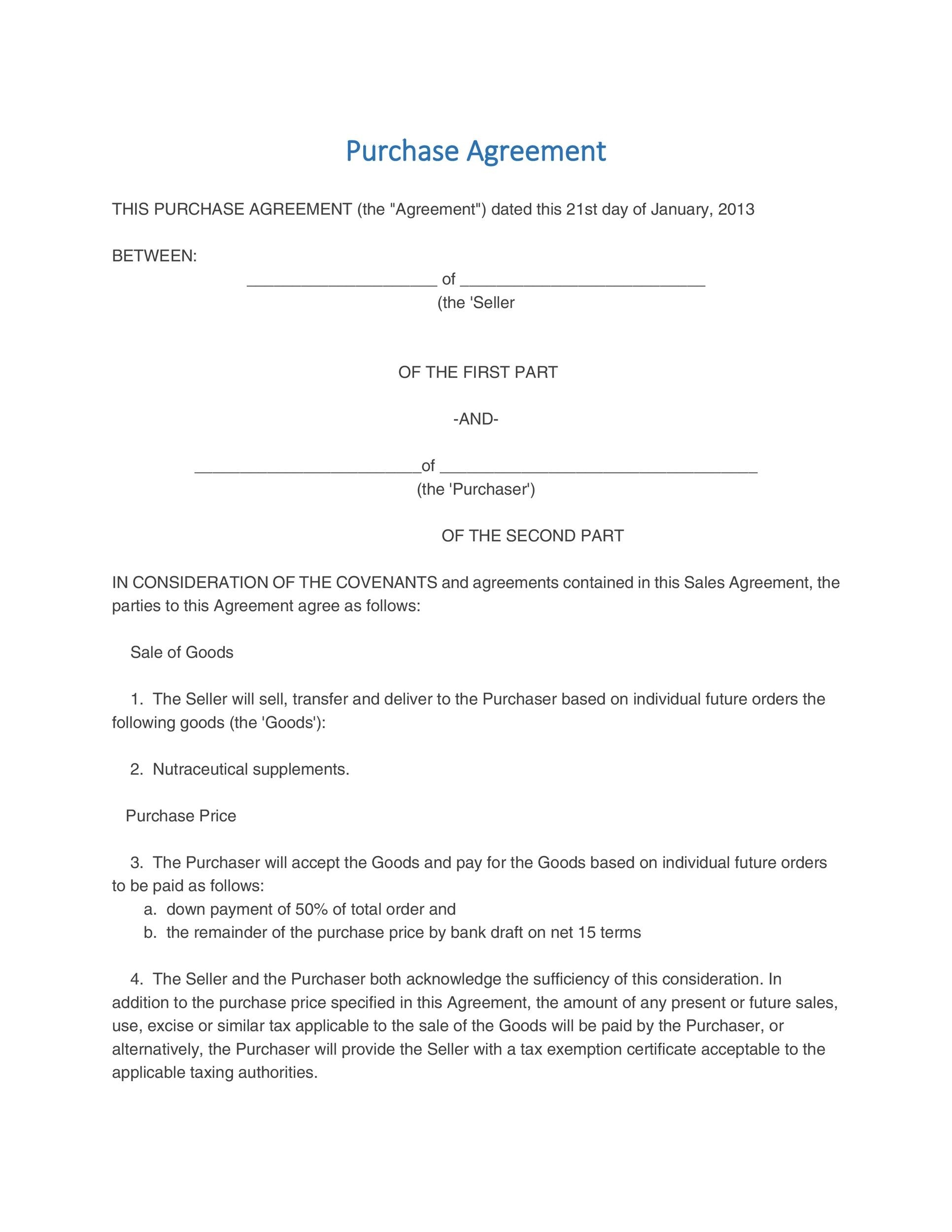 Printable Purchase Agreement Form Printable Forms Free Online
