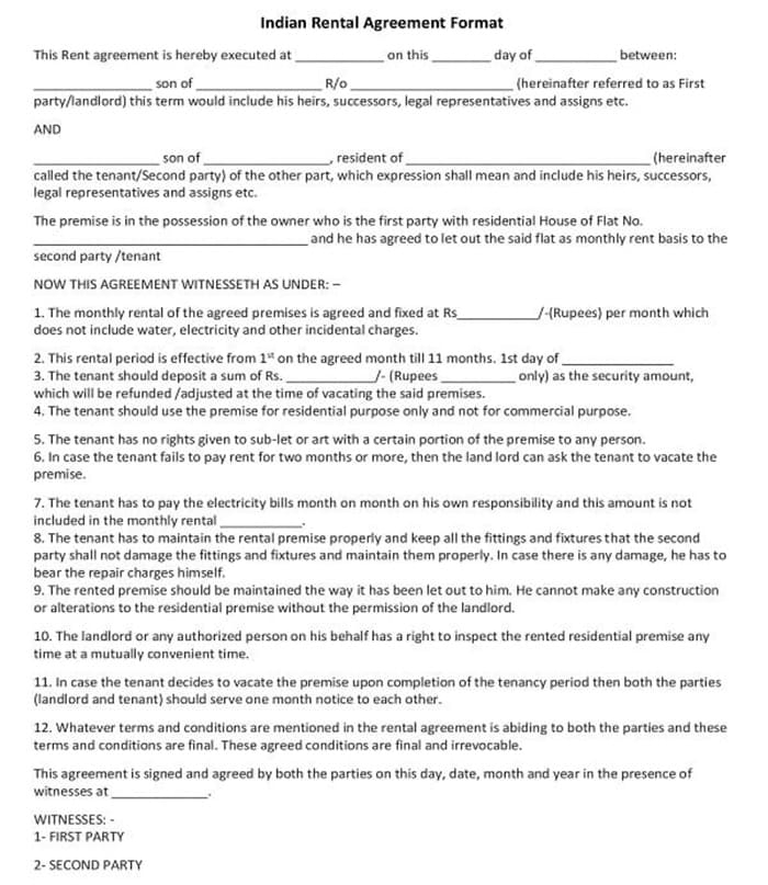 Printable Rental Agreement India Free Download And Print For You 
