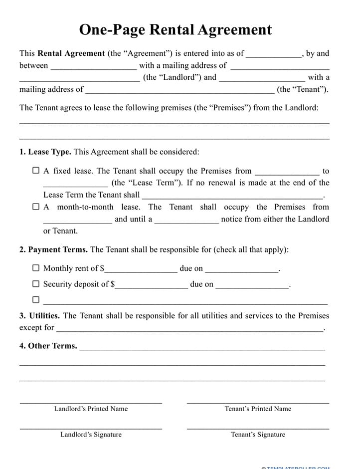 Printable Rental Agreement One Page Free Download And Print For You 