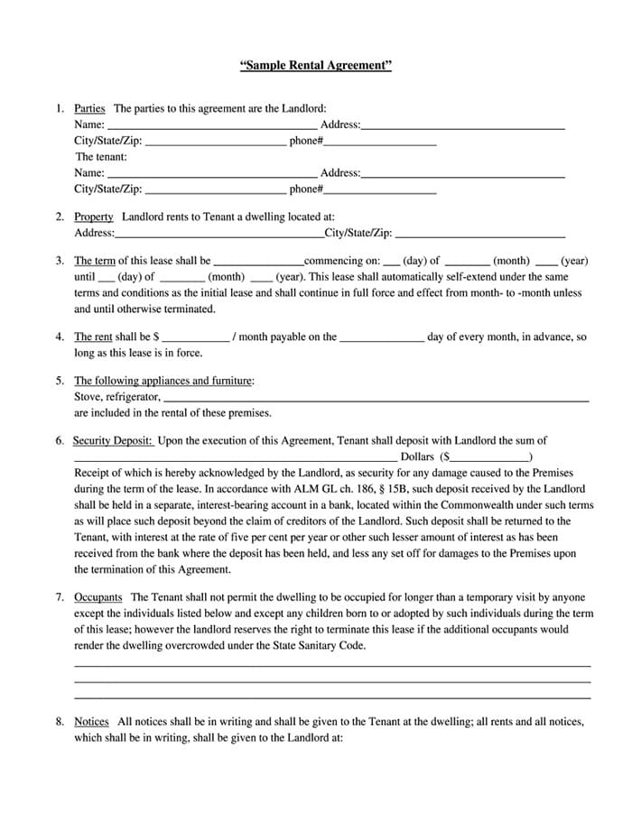 Printable Rental Agreement Sample Free Download And Print For You 