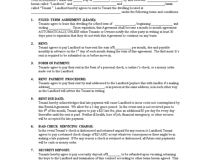Printable Rental Agreements Forms Printable Forms Free Online