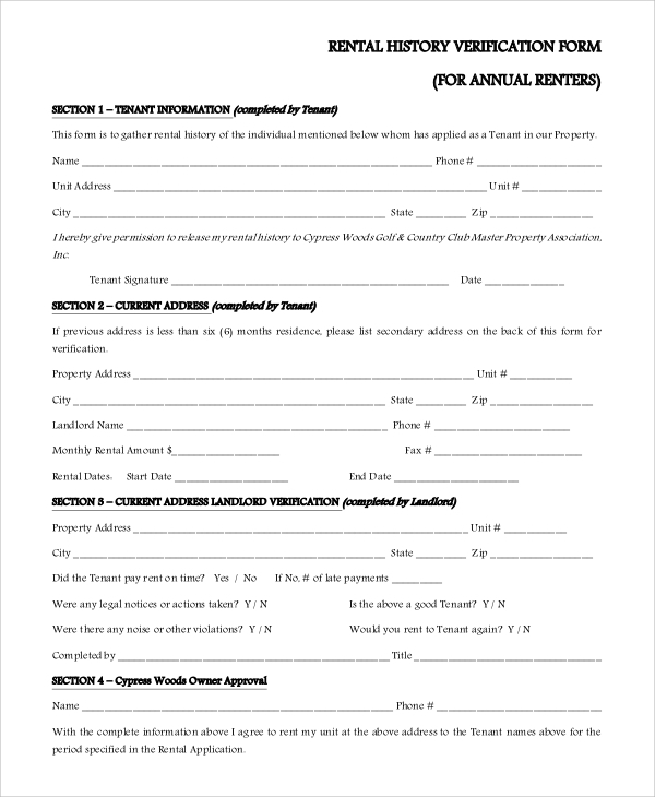 Printable Rental History Verification Form Printable Form 2024