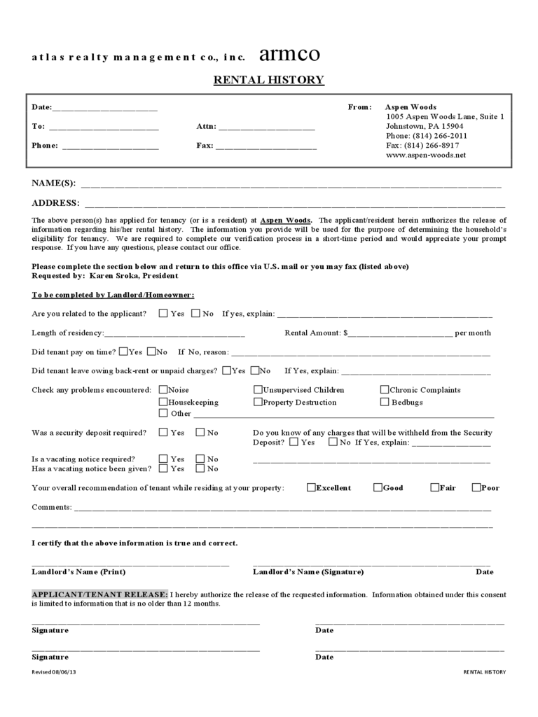 Printable Rental History Verification Form Printable Form 2024