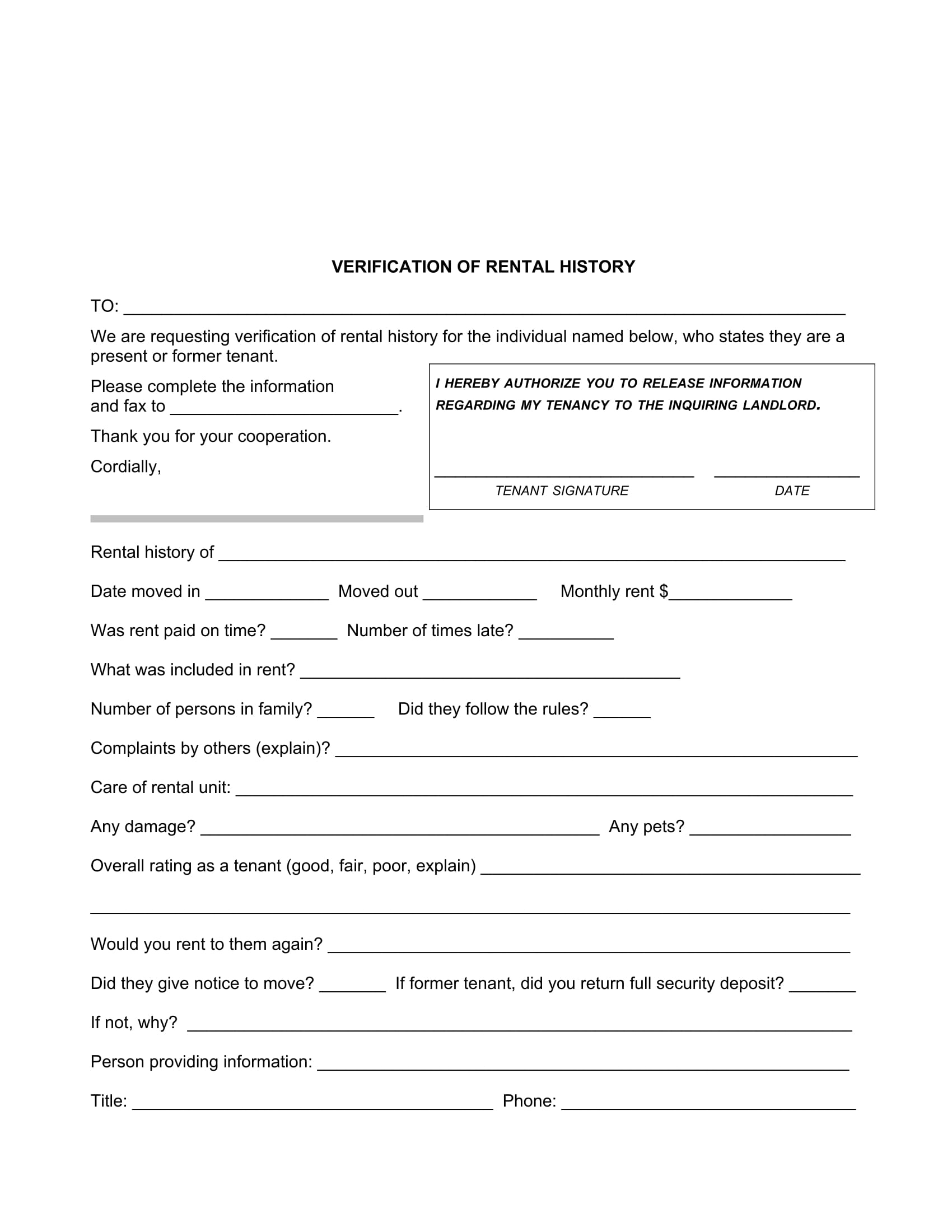 Printable Rental History Verification Form Printable Forms Free Online