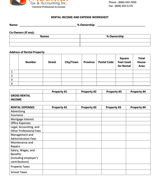 Printable Rental Income And Expense Worksheet