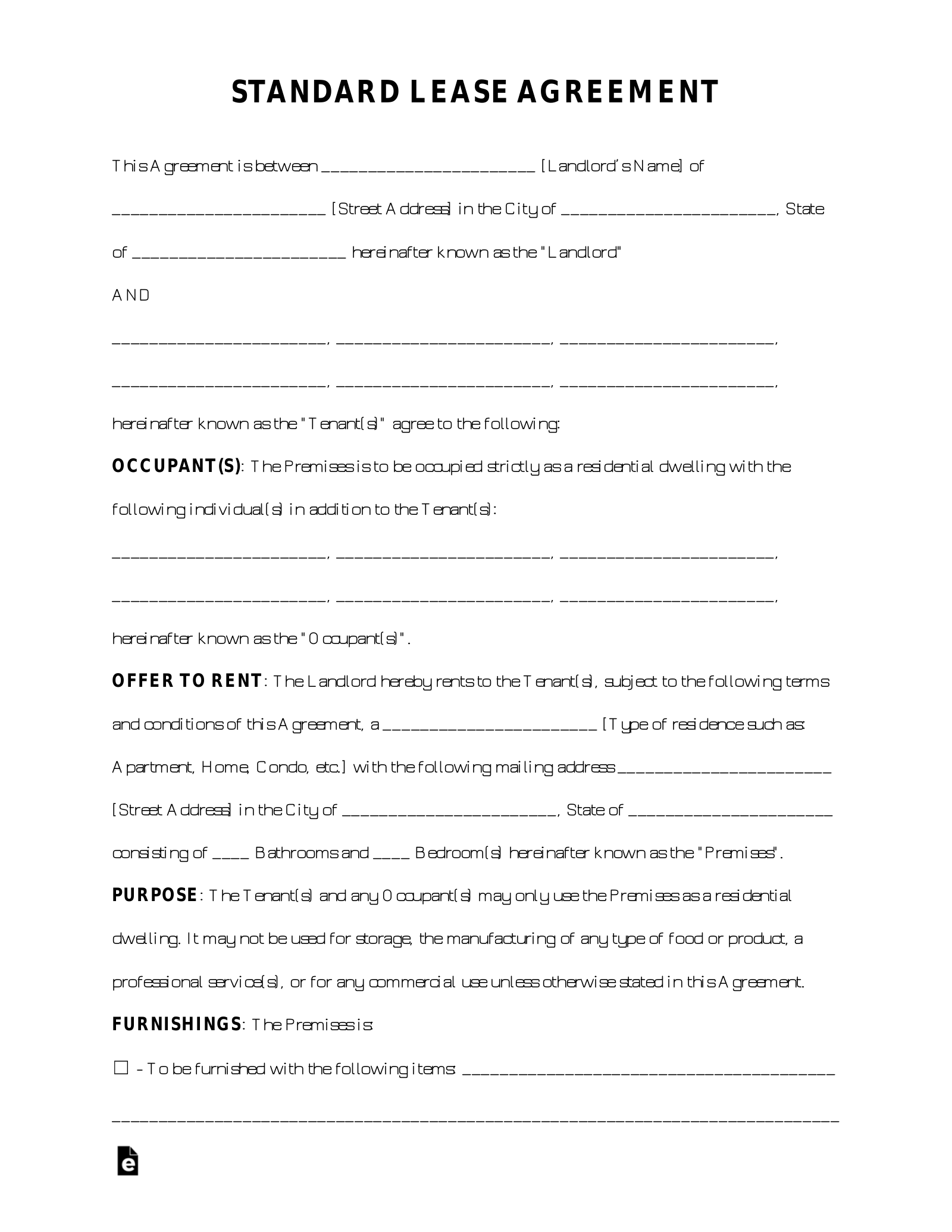 Printable Residential Rental Agreement