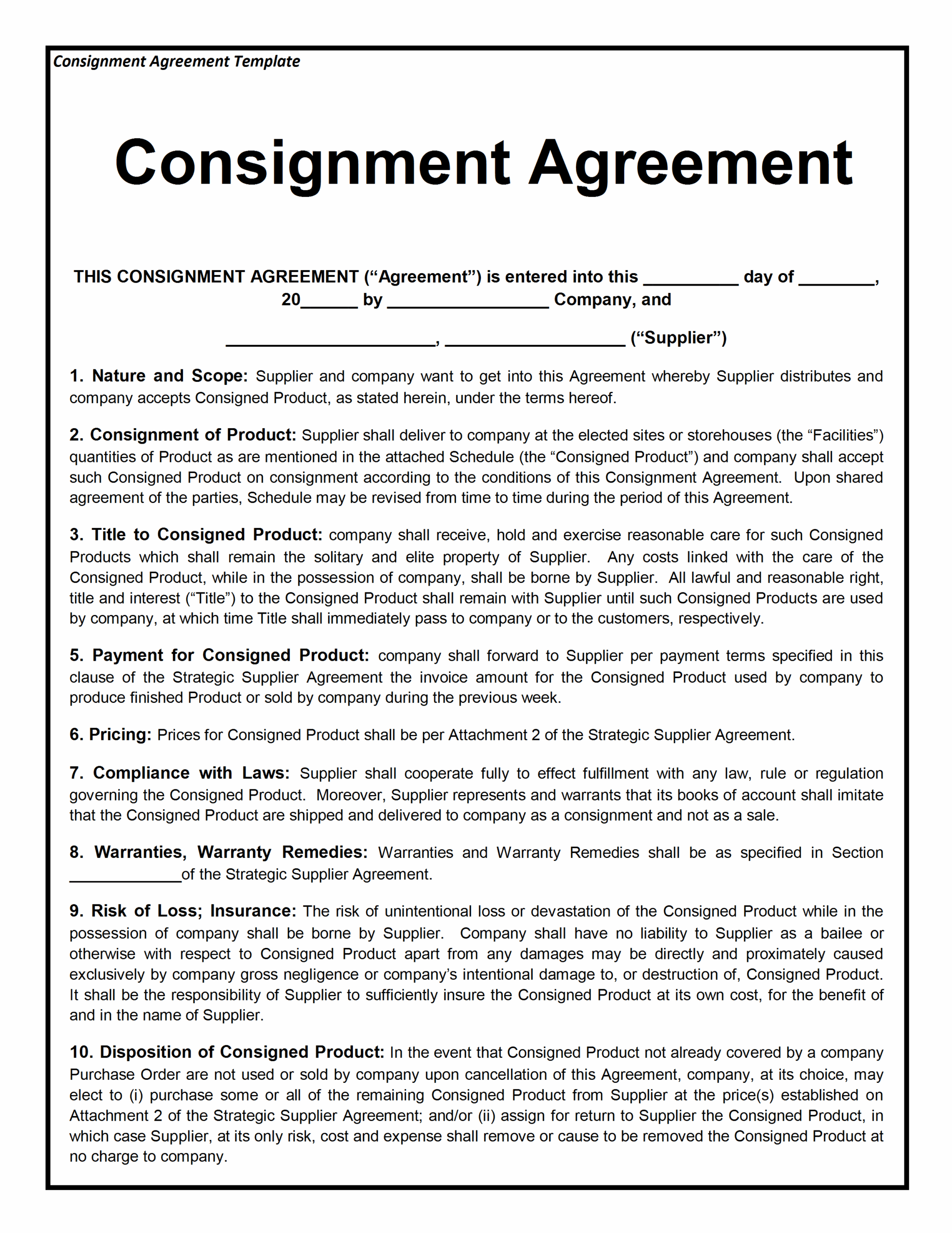 Printable Retail Consignment Agreement