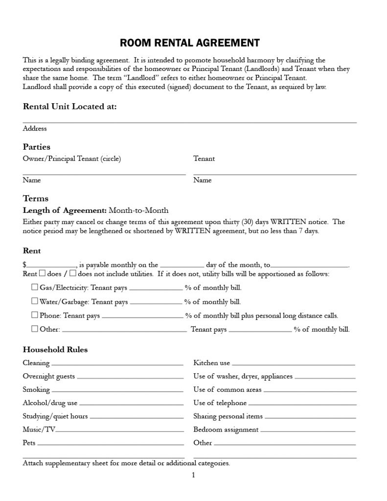 Printable Room Rental Agreement Template Printable Templates