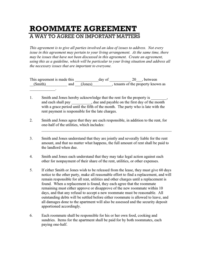 Printable Roommate Agreement Template