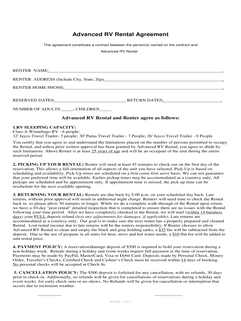 Printable Rv Rental Agreement Fill Online Printable Fillable Blank 