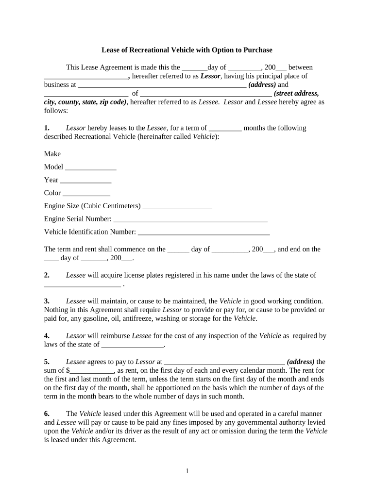 Printable Rv Rental Agreement Template Fillable Form 2025