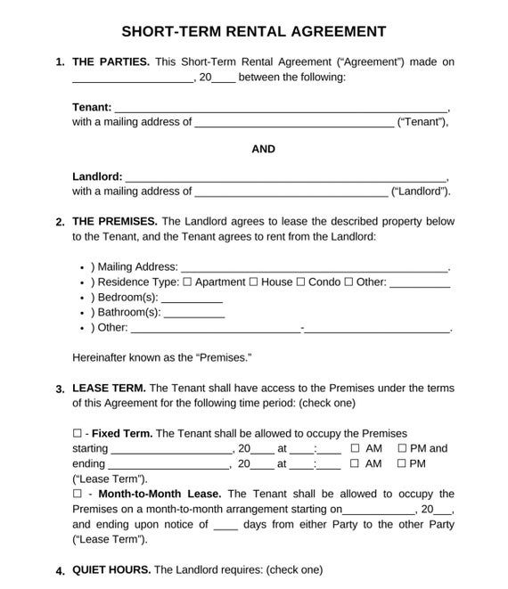 Printable Short Term Rental Agreement Editable Vacation Etsy Short 
