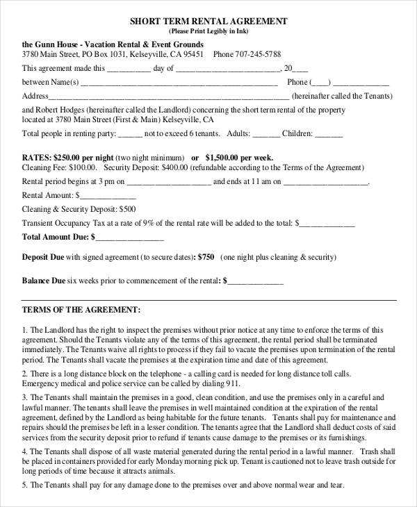 Printable Short Term Rental Agreement Printable World Holiday