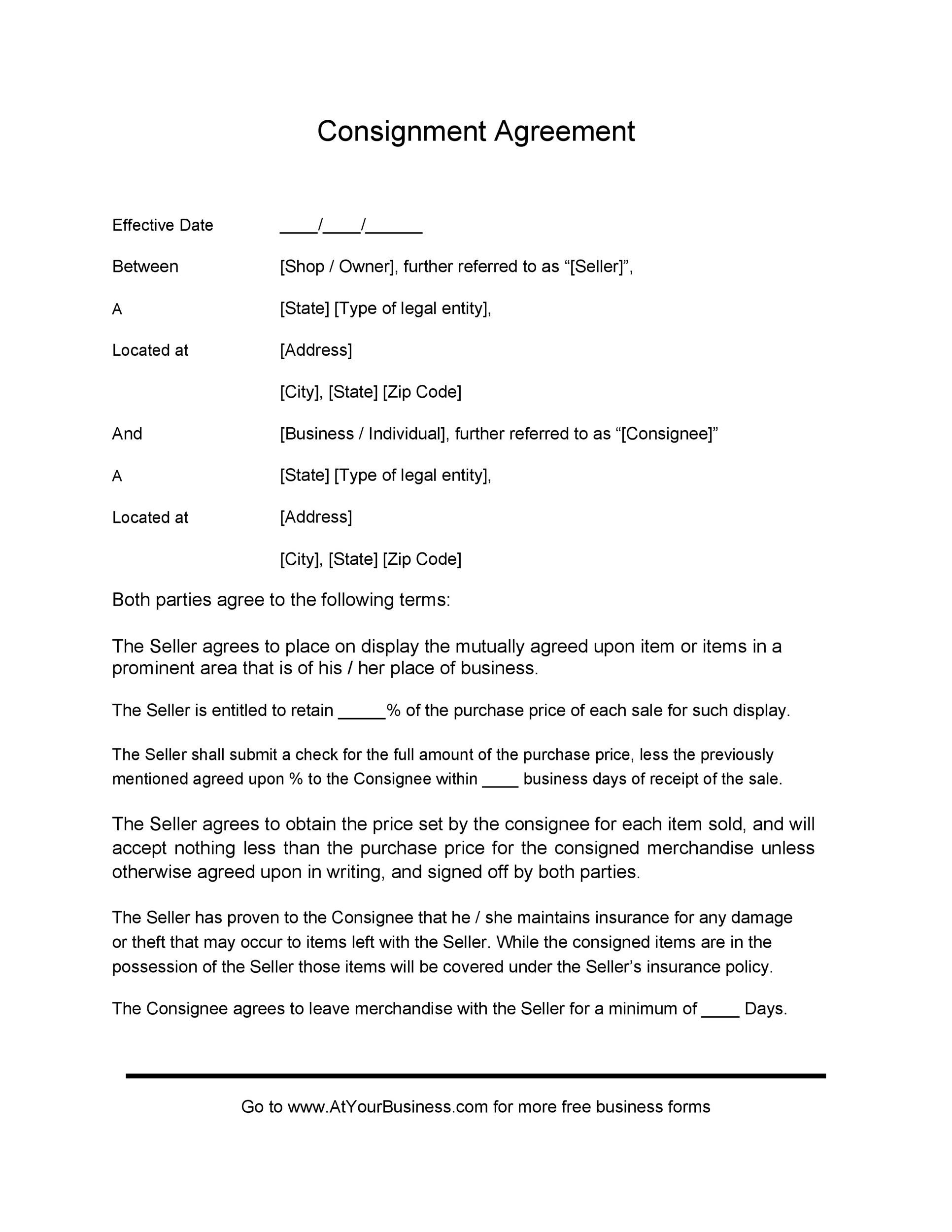 Printable Simple Consignment Agreement Pdf Printable World Holiday