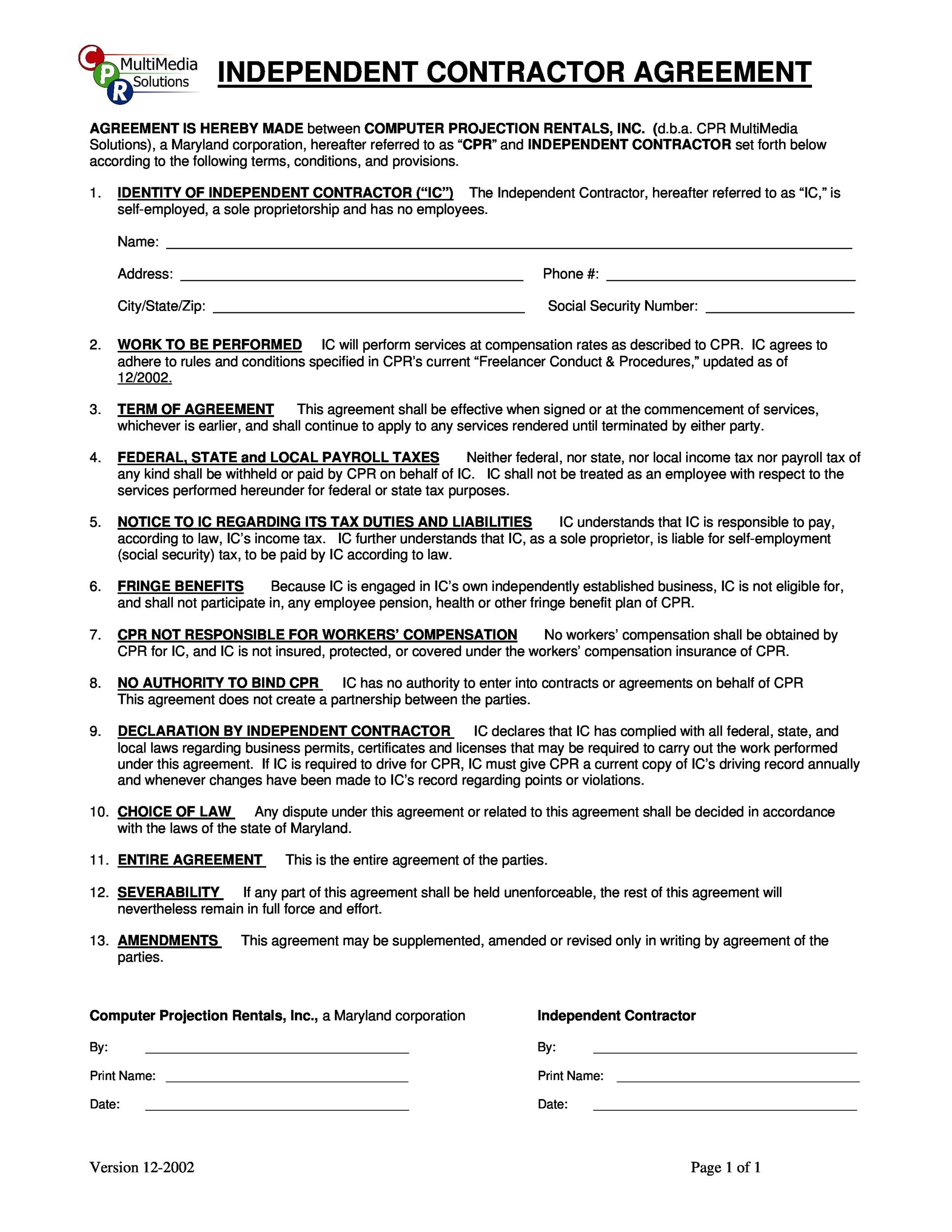 Printable Simple Contractor Agreement