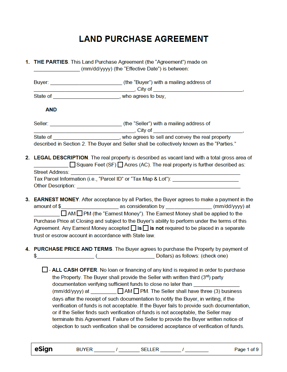 Printable Simple Land Contract Purchase Agreement Pdf Printable Form 