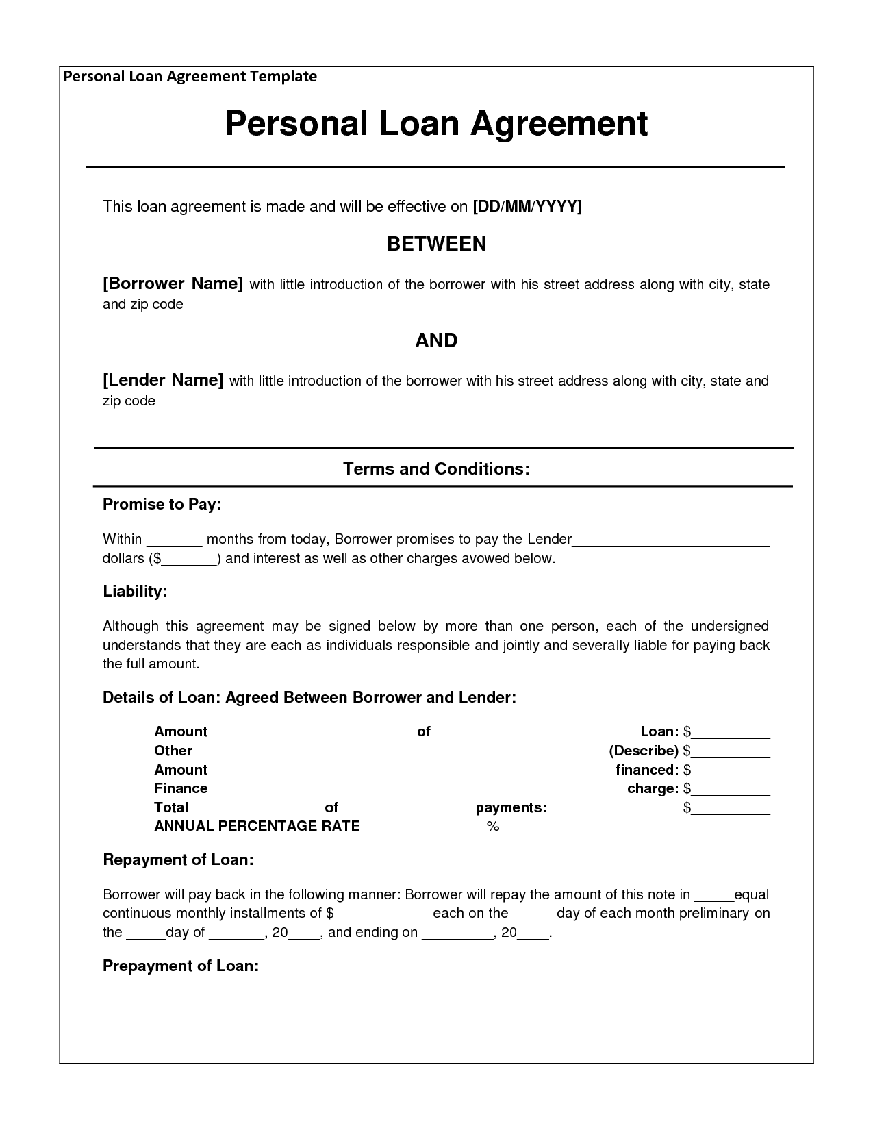 Printable Simple Loan Agreement Sample