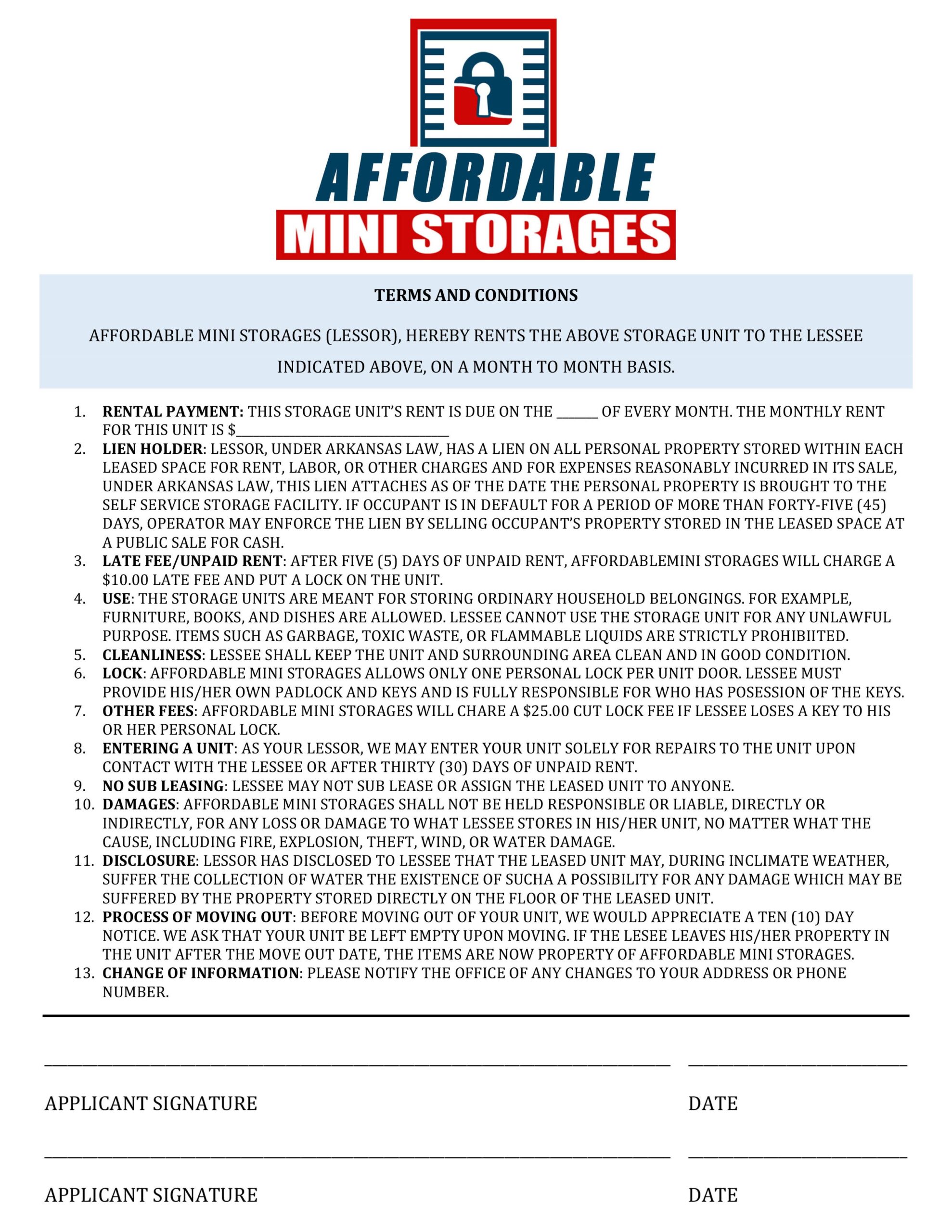 Printable Simple Storage Agreement