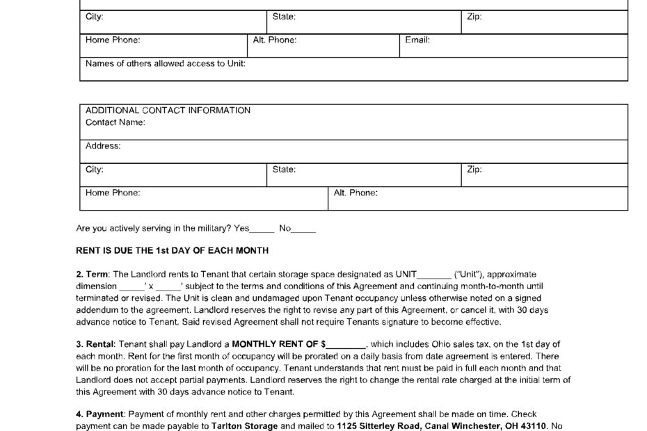 Printable Storage Agreement Form Printable Forms Free Online