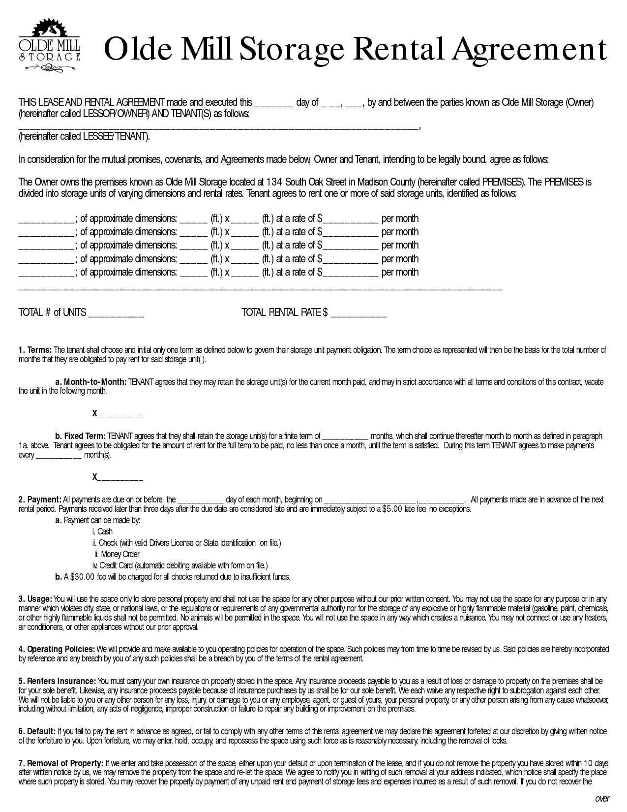 Printable Storage Rental Agreement Form Larry C Willis