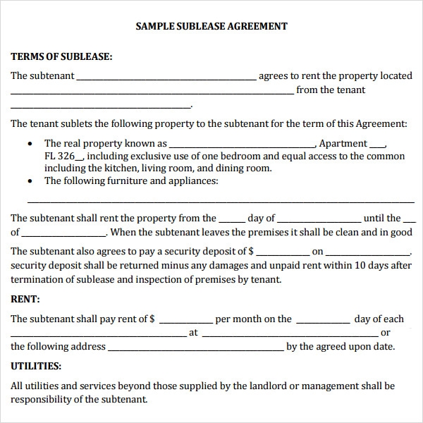 Printable Sublease Agreement Printable Sublease Agreement
