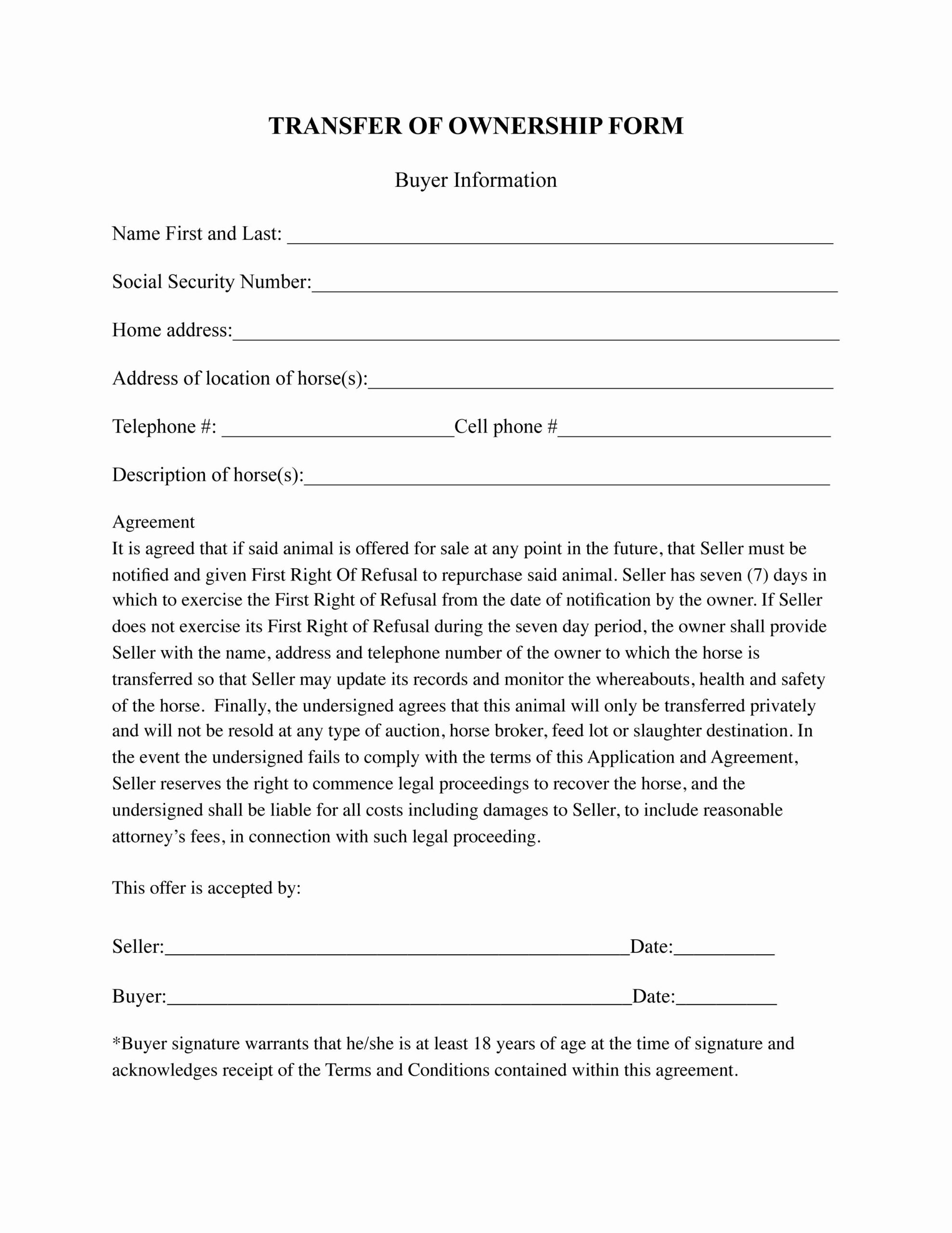 Printable Transfer Of Ownership Agreement Template