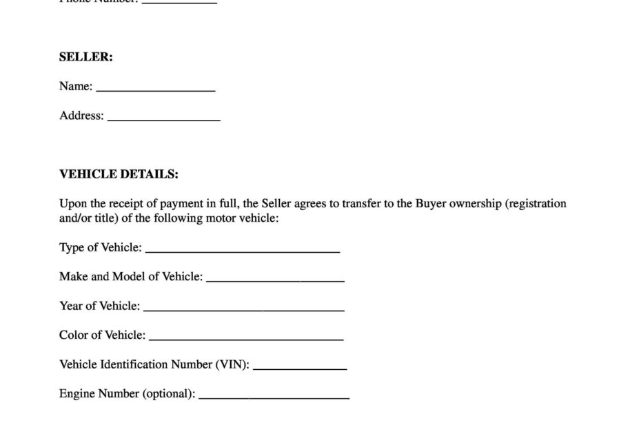 Printable Vehicle Purchase Agreement Form Printable Forms Free Online
