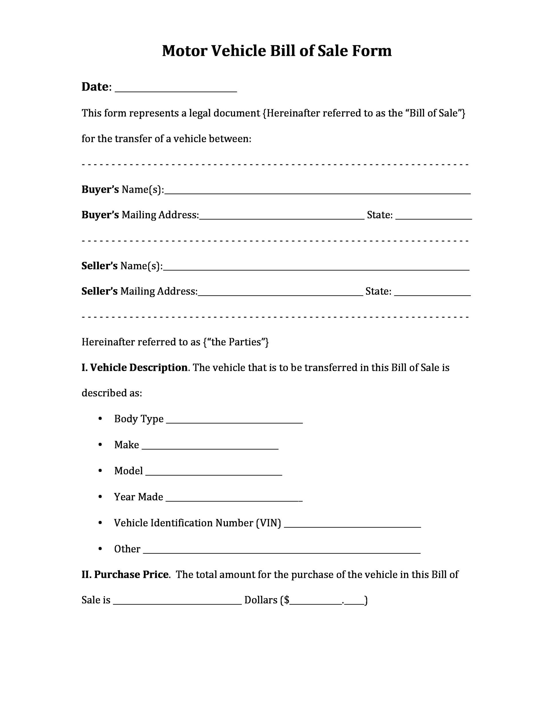 Printable Vehicle Purchase Agreement Form Printable Forms Free Online