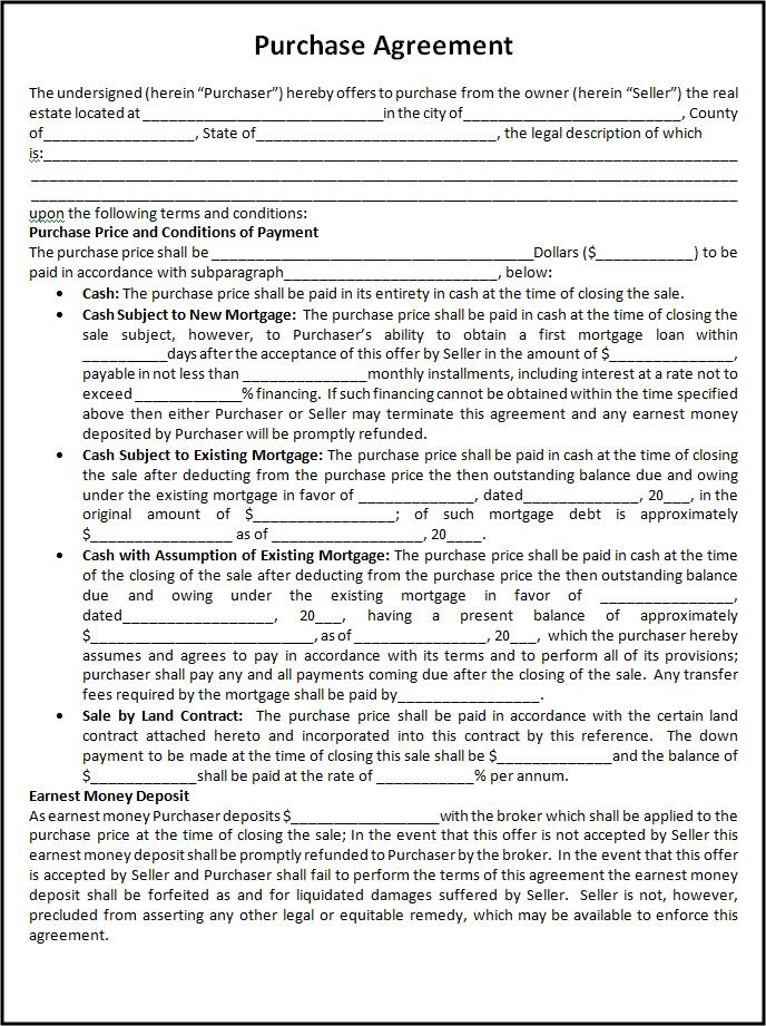 Purchase Agreement Template Free Word Templates