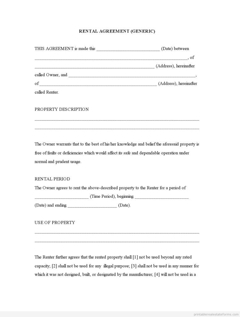 Rental Agreement Forms Free Printable GENERIC TEMPLATE Printable 