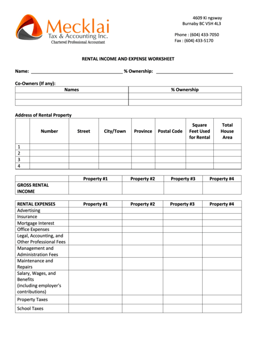 Rental Income And Expense Worksheet Printable Pdf Download