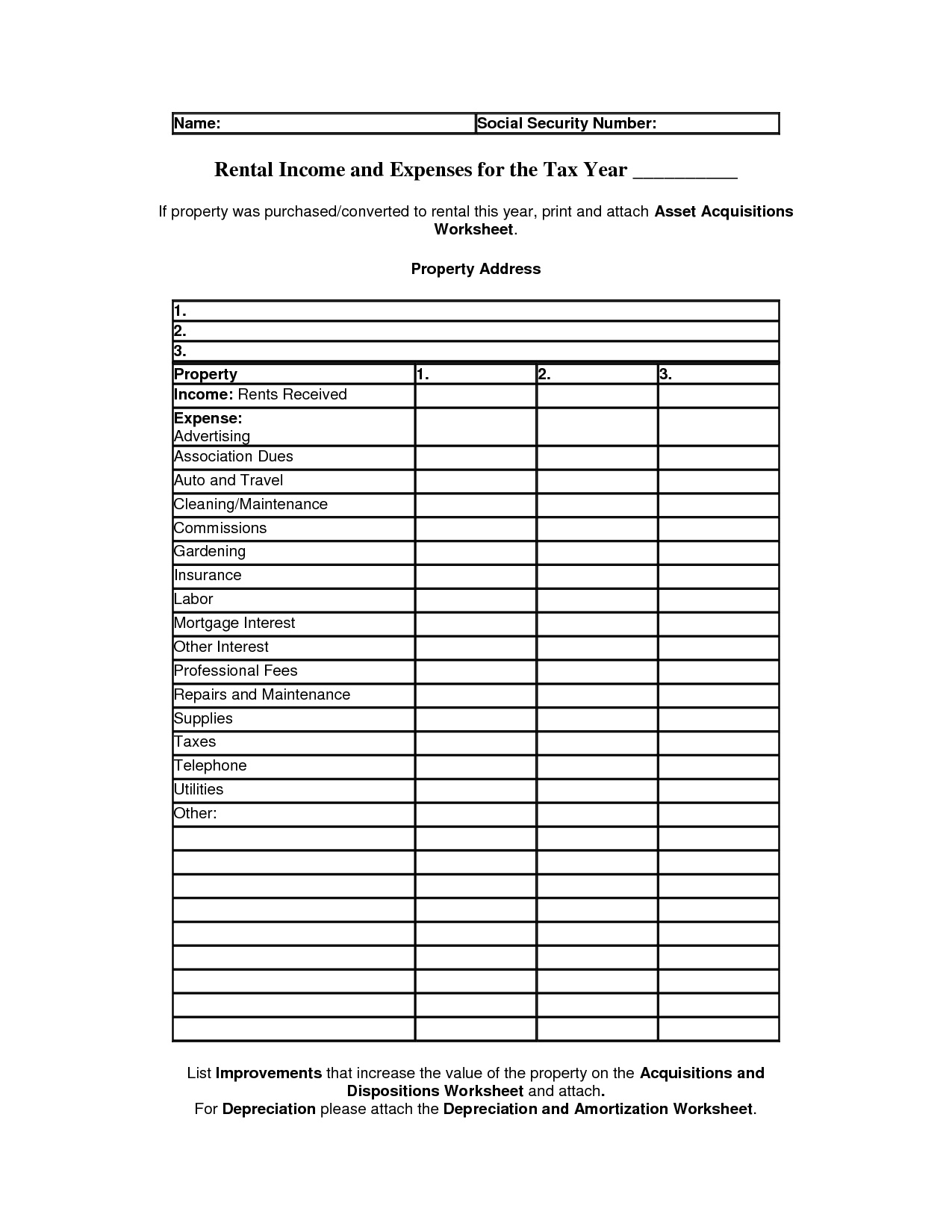 Rental Property Income And Expense Worksheet Printable Pdf Download 