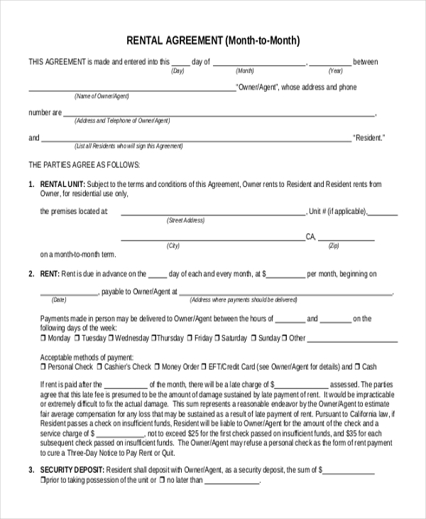 Residential Lease Or Month To Month Rental Agreement Printable Form 
