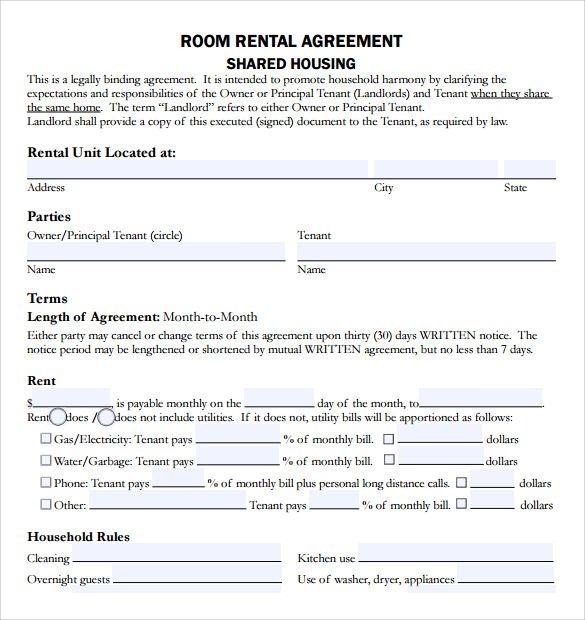 Room Rental Agreement Template Business
