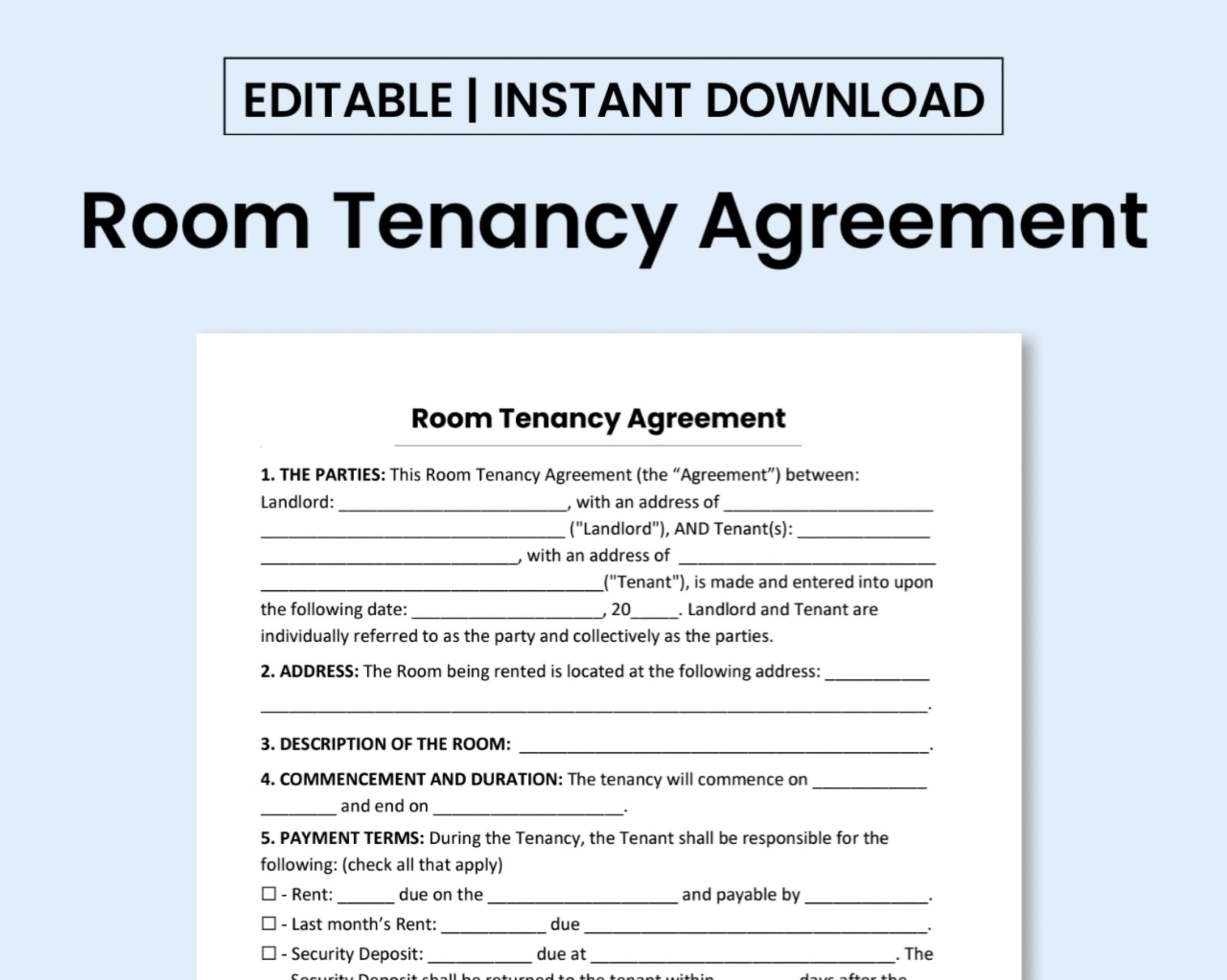 Room Tenancy Agreement Template PDF Form Word Document 