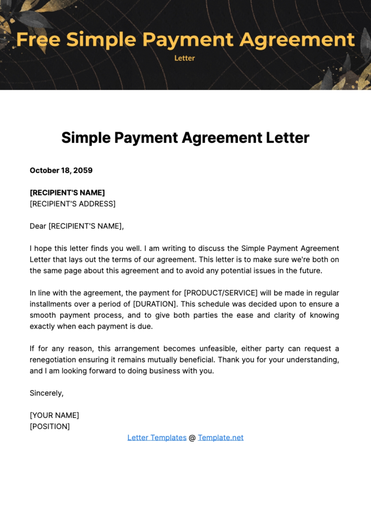 Simple Payment Agreement Letter Template Edit Online Download 