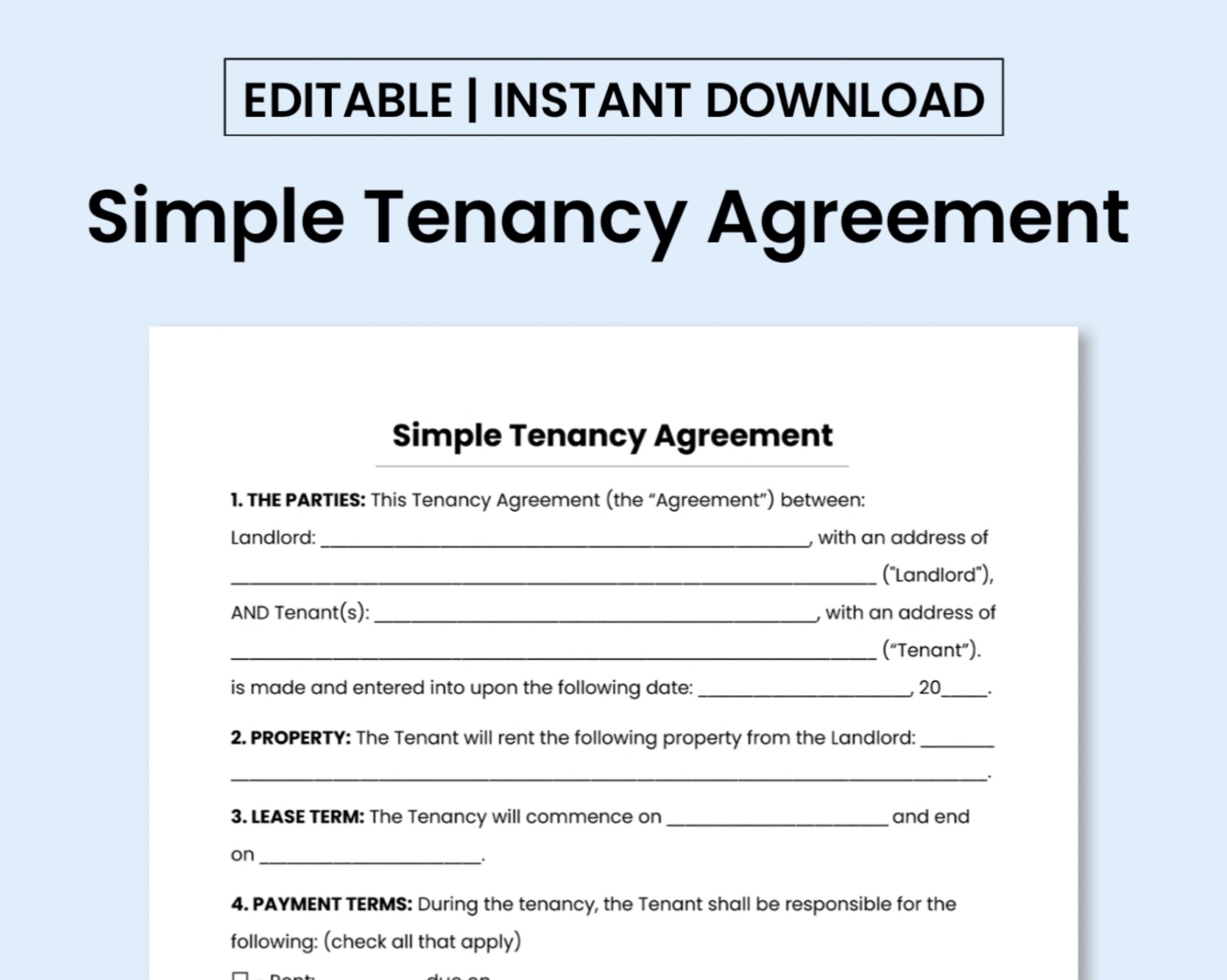 Simple Tenancy Agreement Template PDF MS Word Document 