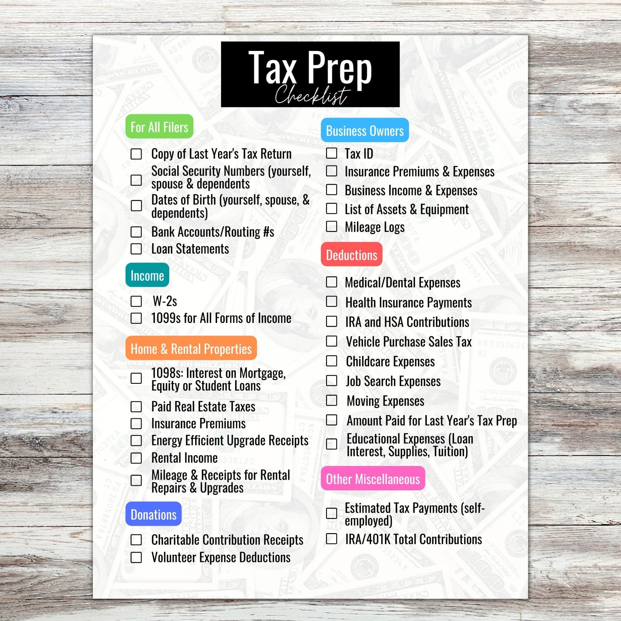 Tax Prep Checklist Tracker Printable Tax Prep 2023 Tax Checklist Tax 