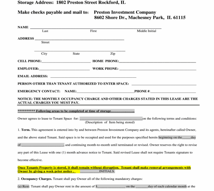 Template Free Printable Simple Storage Agreement FREE Printable A Z