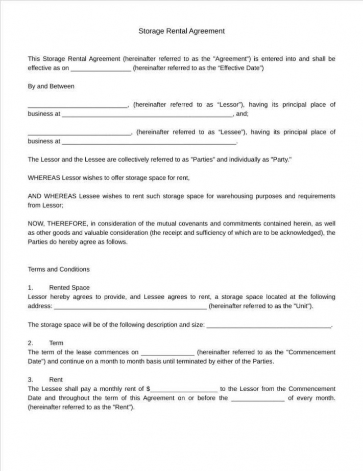Template Free Printable Simple Storage Agreement FREE Printable A Z